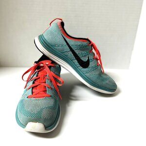 Nike teal and red/orange FlyKnit Lunar 1 athletic shoes in 9